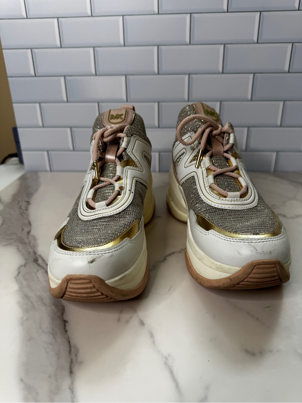 Michael Kors Olympia Glitter Mesh Sneakers Women’s 8.5M White Gold Pink Chunky - Picture 3 of 8
